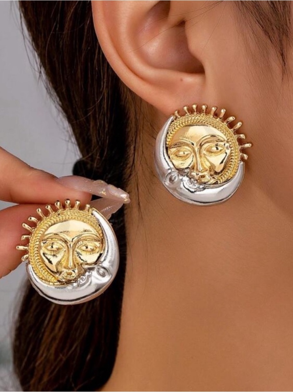 Gold & Silver Sun Face Statement Earrings - Picture 2 of 4